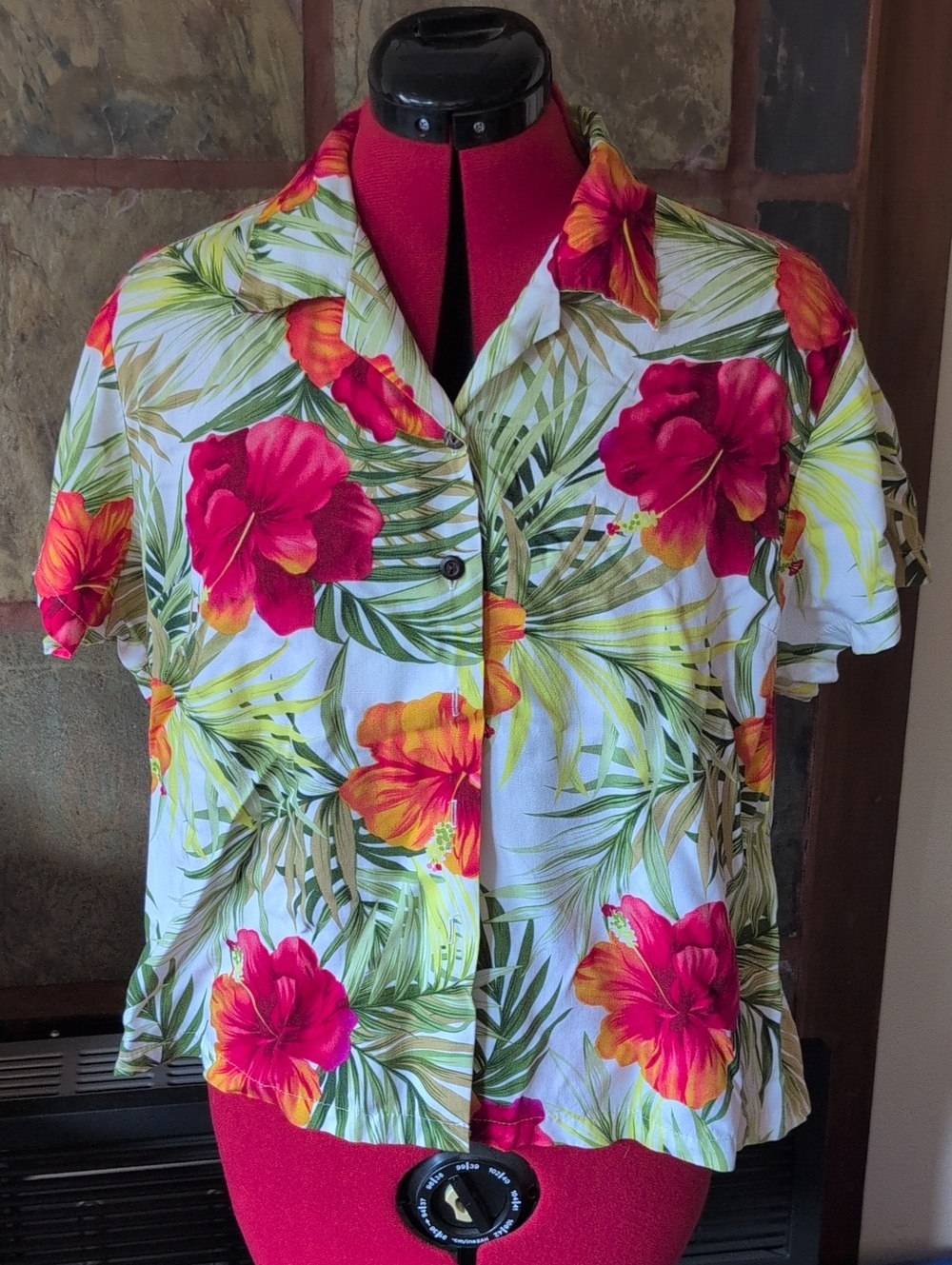 Tropical Hibiscus Button-Up Shirt — White with Pink & Orange Flowers